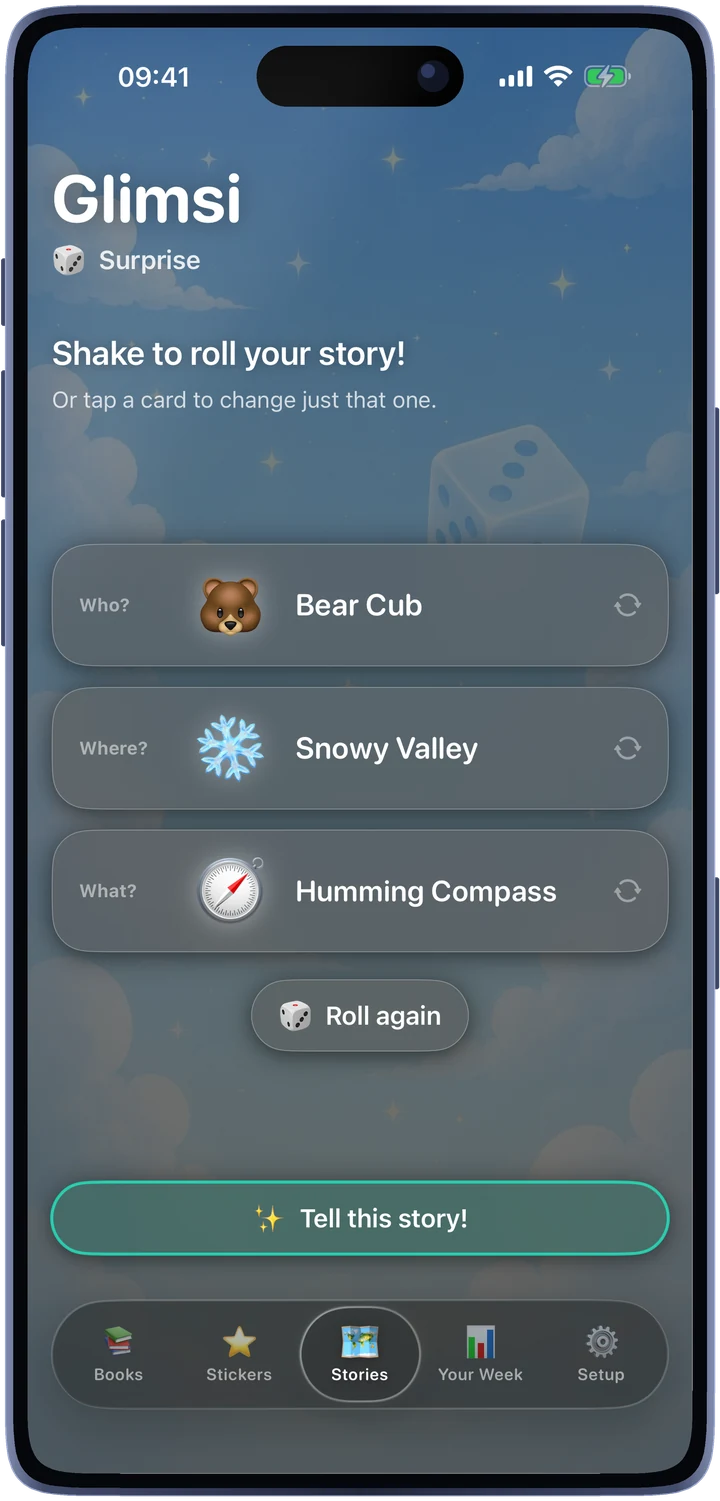 The story dice: Bear Cub, Snowy Valley, Humming Compass