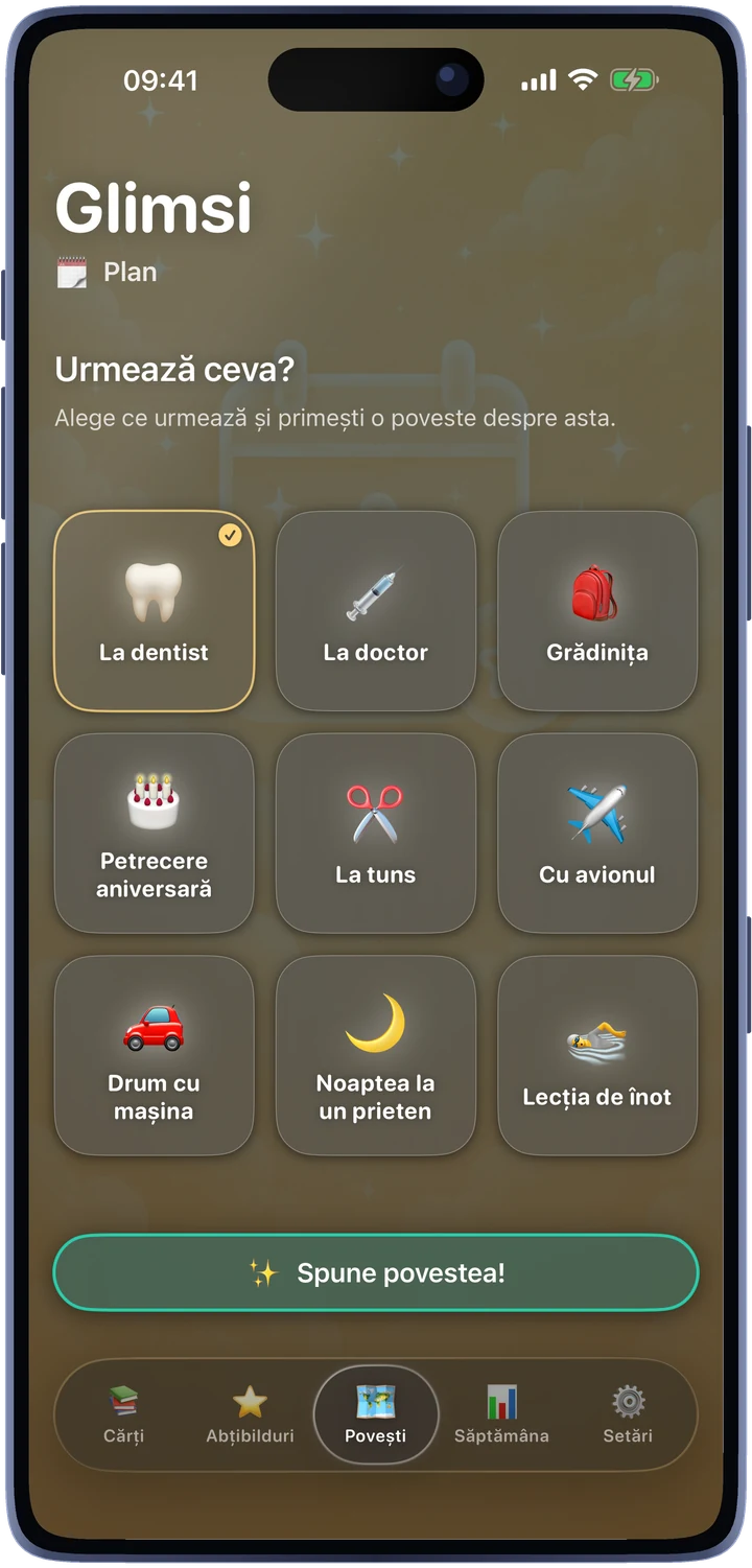 Plan: La dentist, La doctor, Grădinița, Petrecere aniversară, La tuns, Cu avionul