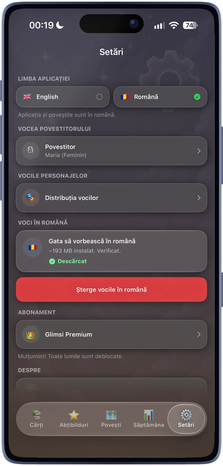 Setări: limba aplicației și vocile în română